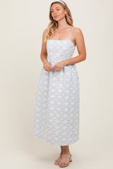 Blue Striped Floral Applique Midi Dress