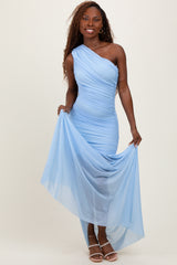 Light Blue Ruched Mesh One Shoulder Maxi Dress