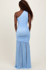 Light Blue Ruched Mesh One Shoulder Maxi Dress