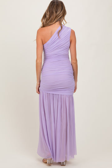 Lavender Ruched Mesh One Shoulder Maternity Maxi Dress