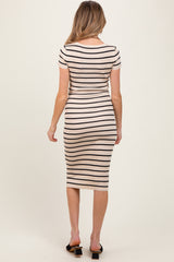 Cream Striped Ribbed Henley Fitted Maternity Midi Dress