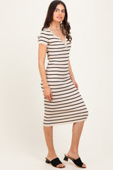 Cream Striped Ribbed Henley Fitted Midi Dress