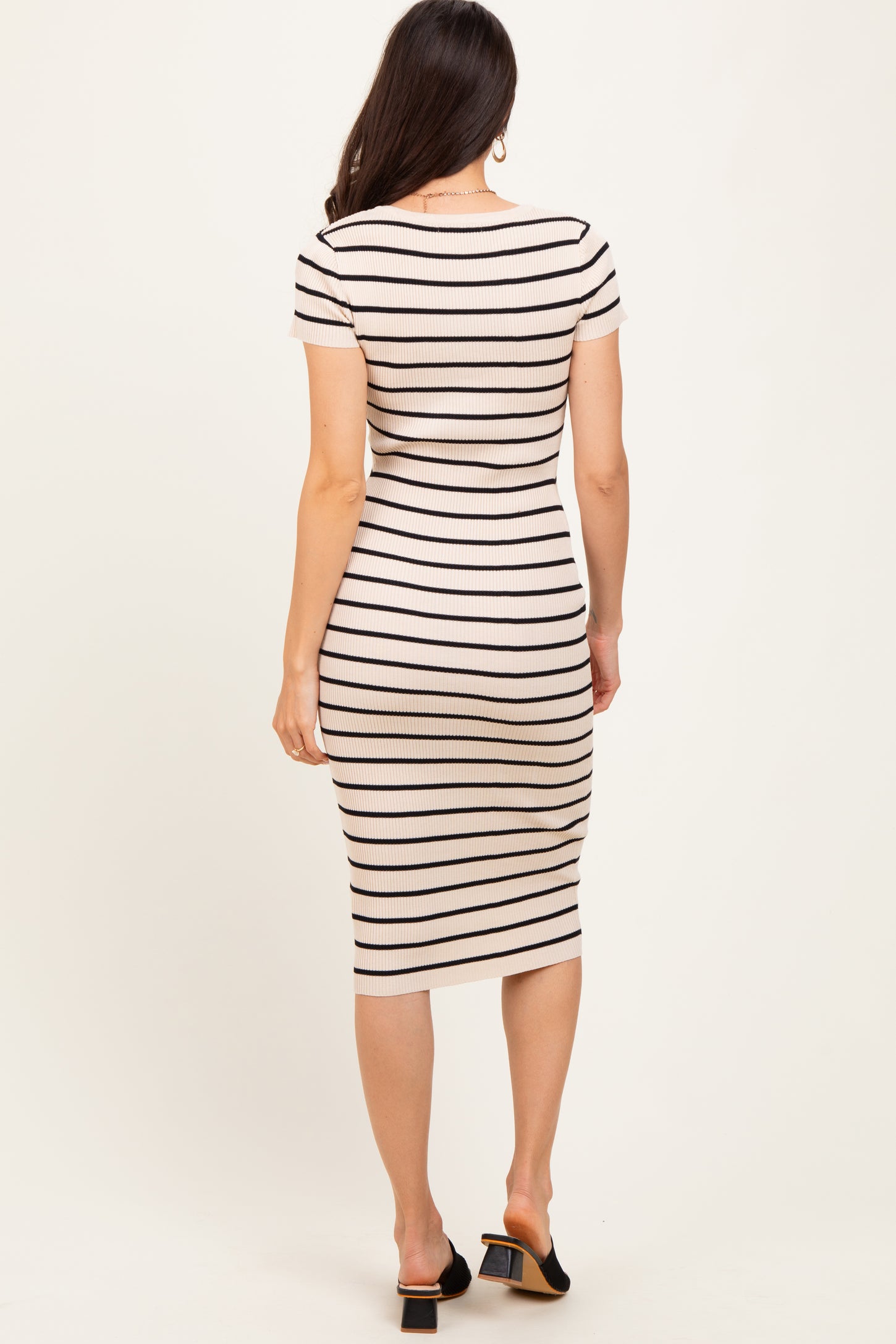 Cream Striped Ribbed Henley Fitted Midi Dress