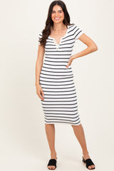 White Striped Ribbed Henley Fitted Maternity Midi Dress