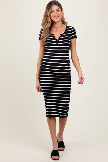 Black Striped Ribbed Henley Fitted Maternity Midi Dress