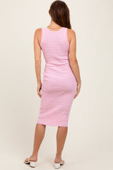 Light Pink Striped Sleeveless Fitted Midi Dress