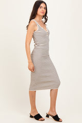 Cream Striped Sleeveless Fitted Midi Dress