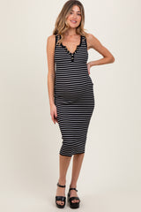 Black Striped Sleeveless Fitted Maternity Midi Dress