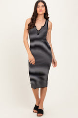 Black Striped Sleeveless Fitted Midi Dress