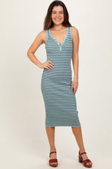 Mint Striped Sleeveless Fitted Midi Dress