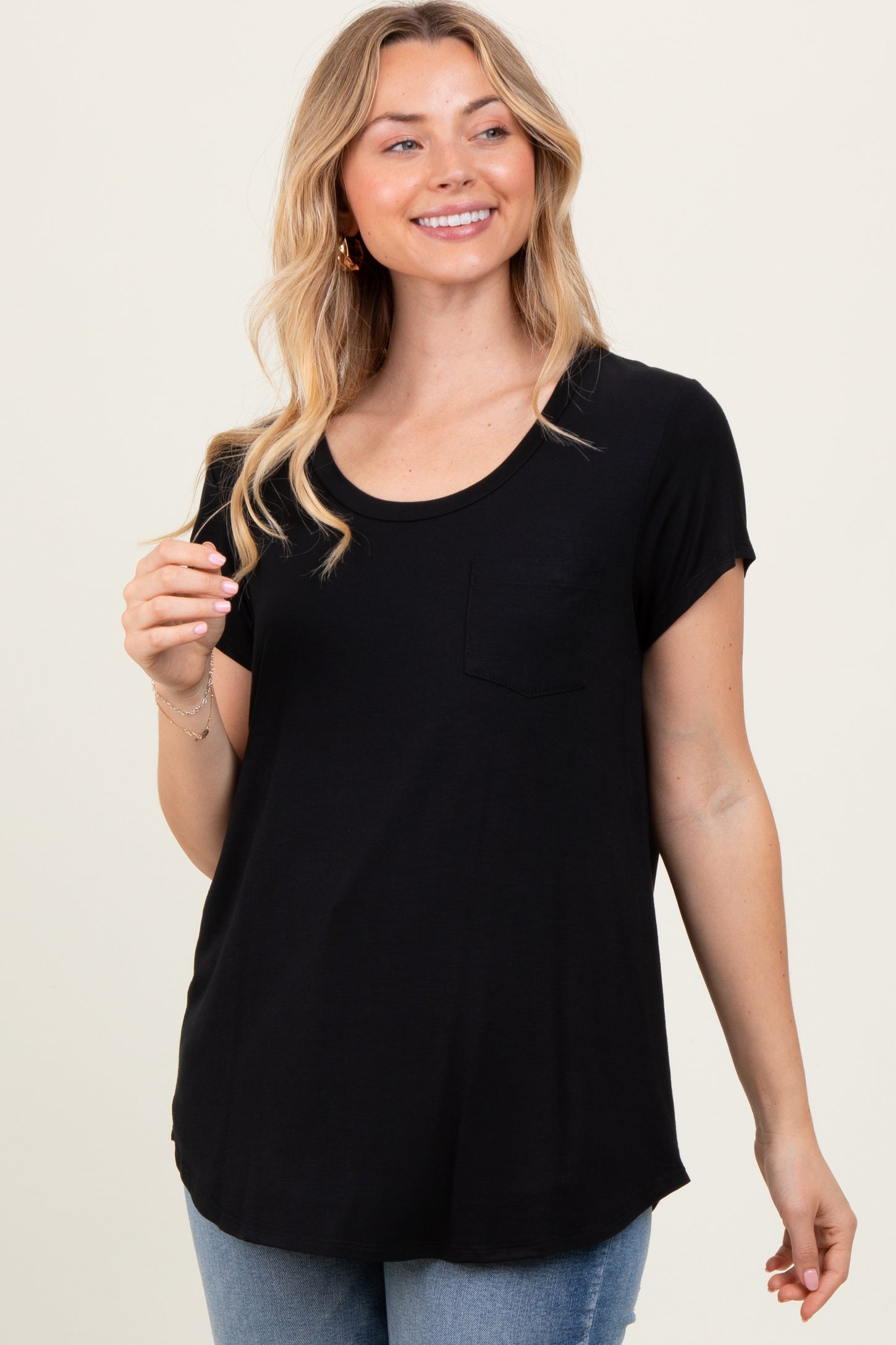 Black Round Neck Nursing Pocket T-Shirt