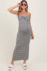 Black Striped Halter Neck Fitted Maternity Maxi Dress