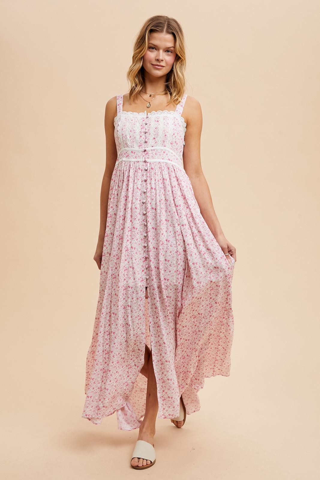 Pink Floral Button Down Sleeveless Maxi Dress