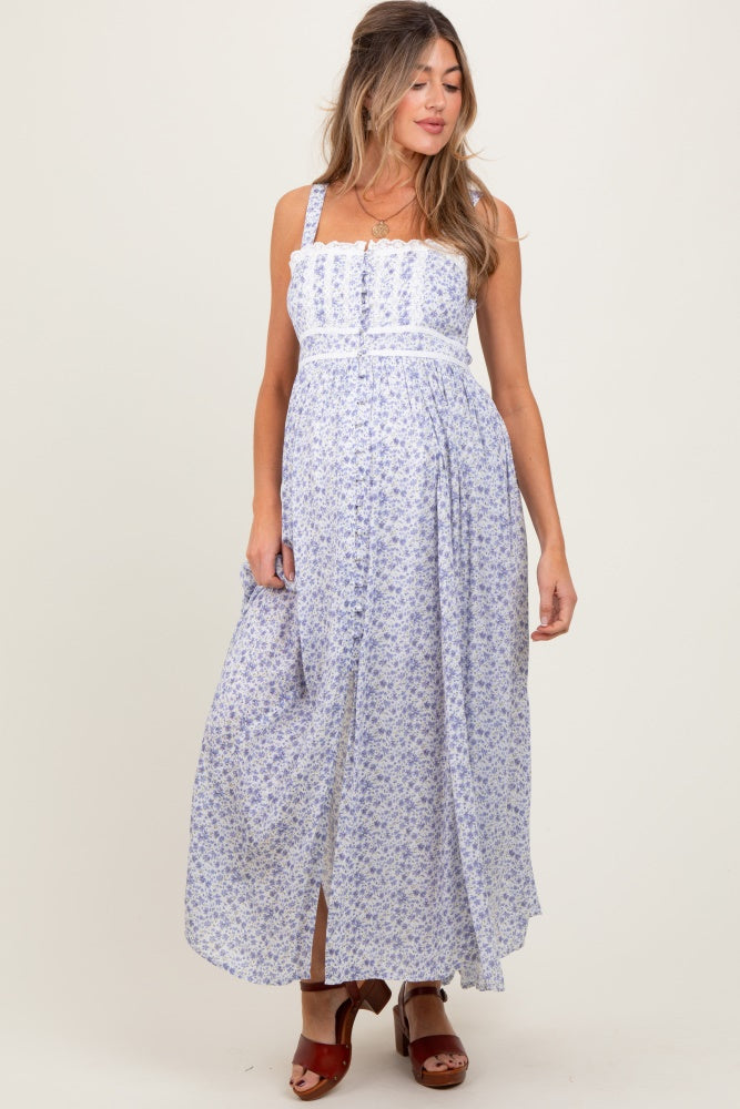 Light Blue Floral Button Down Sleeveless Maternity Maxi Dress