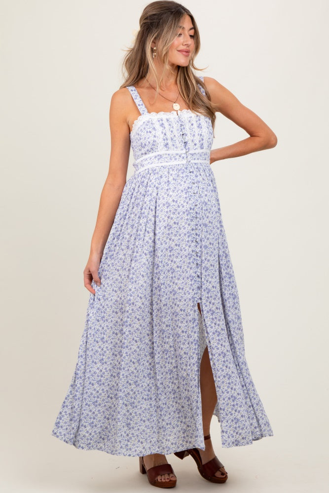 Light Blue Floral Button Down Sleeveless Maternity Maxi Dress
