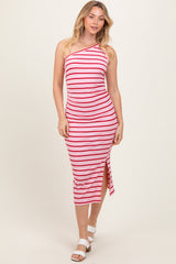 Pink Striped One Shoulder Side Slit Midi Dress