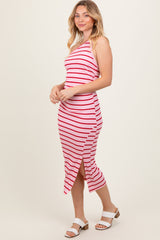 Pink Striped One Shoulder Side Slit Midi Dress