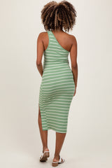Light Olive Striped One Shoulder Side Slit Maternity Midi Dress