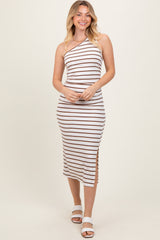 White Striped One Shoulder Side Slit Maternity Midi Dress