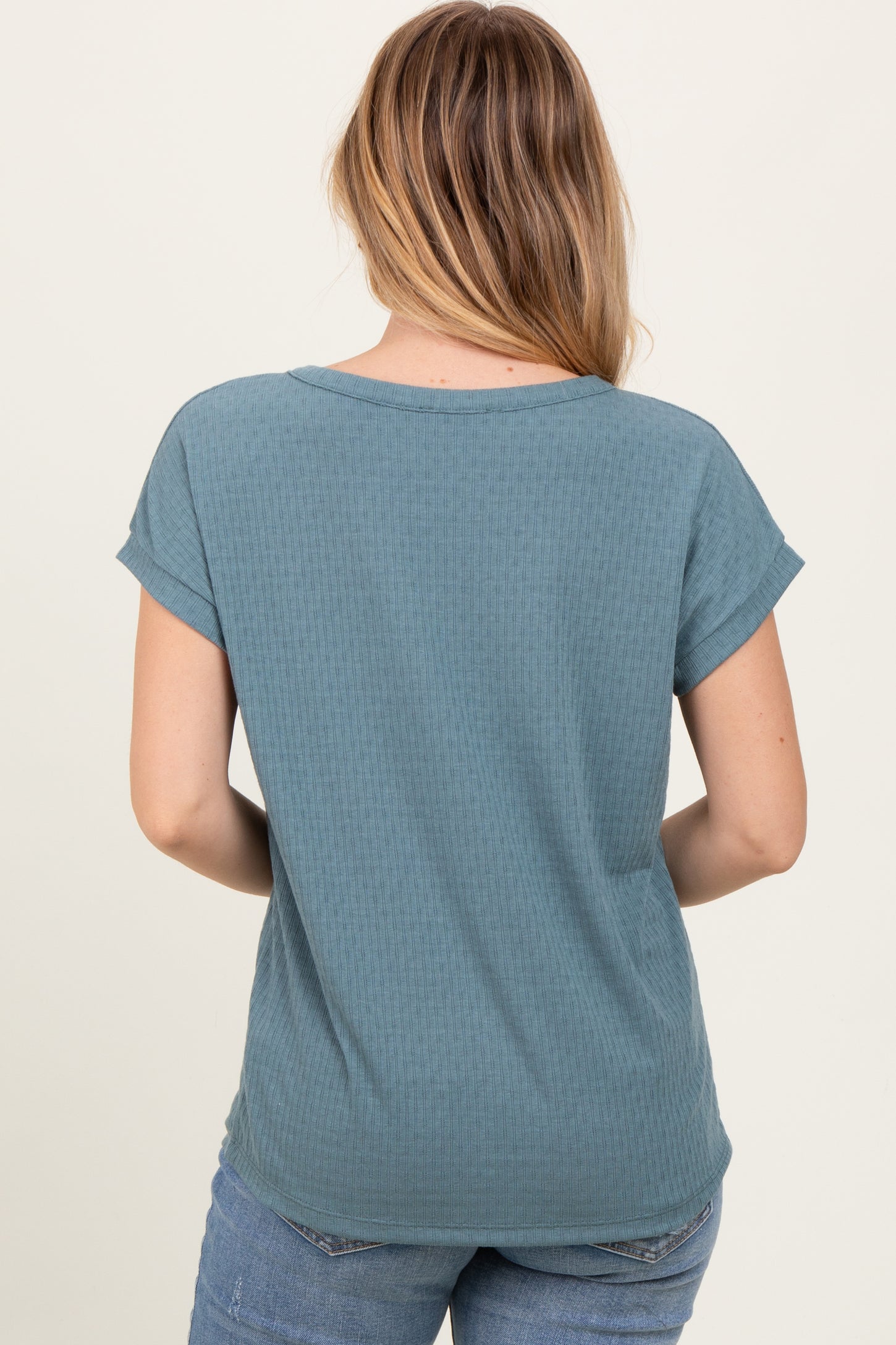 Blue V-Neck Pointelle Knit Top