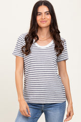 Navy Textured Stripe Short Sleeve Maternity Top