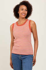 Rust Striped Knit Scallop Trim Sleeveless Top