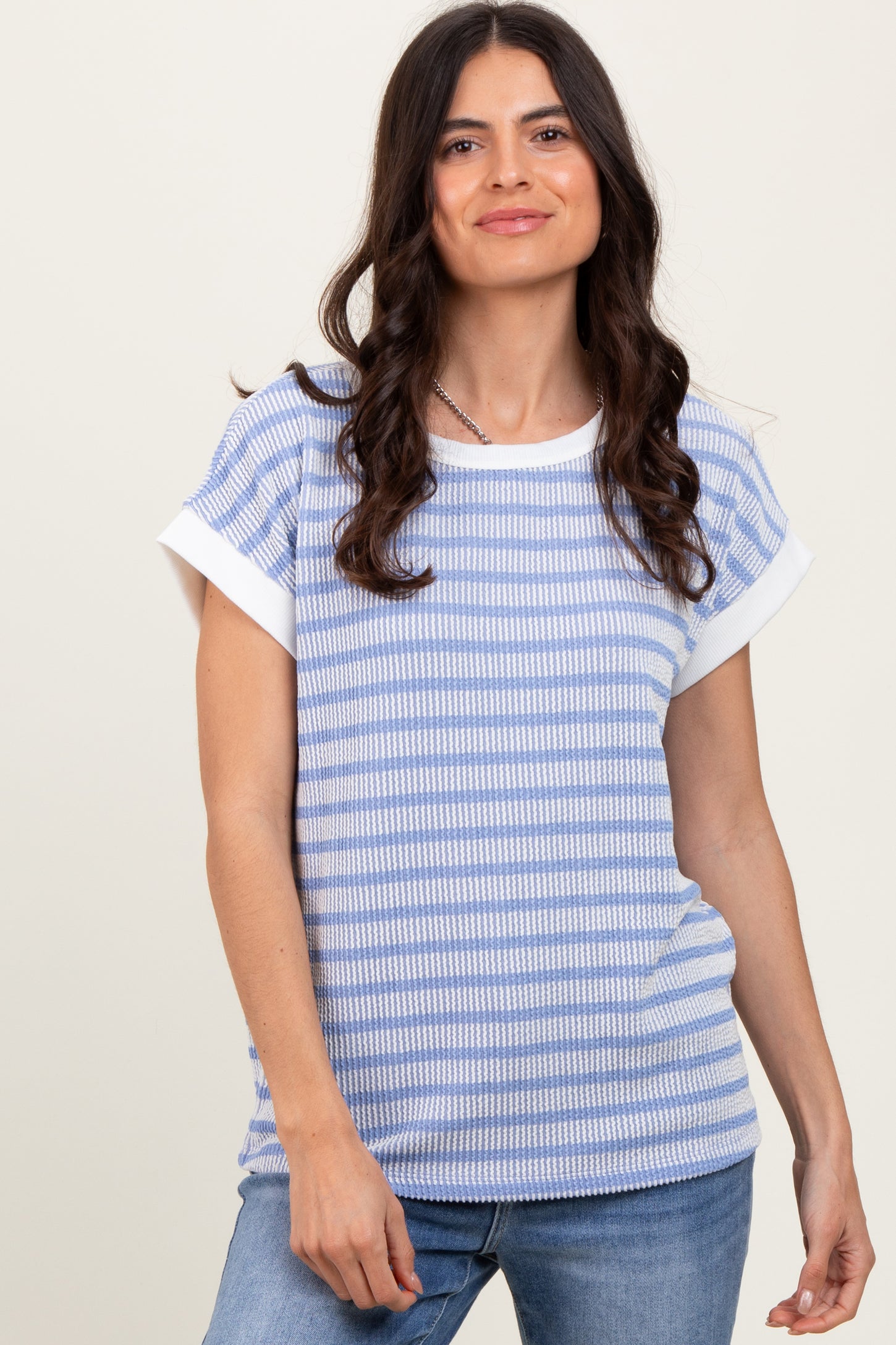 Blue Textured Striped Maternity Short Sleeve Top