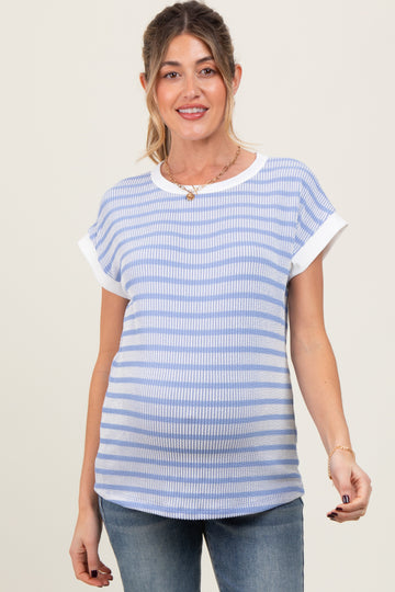 Blue Textured Striped Maternity Short Sleeve Top
