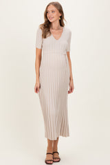 Taupe Ribbed Short Sleeve Maternity Knit Maxi Dress