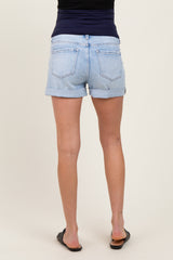 Light Blue Distressed Rolled Cuff Maternity Jean Shorts