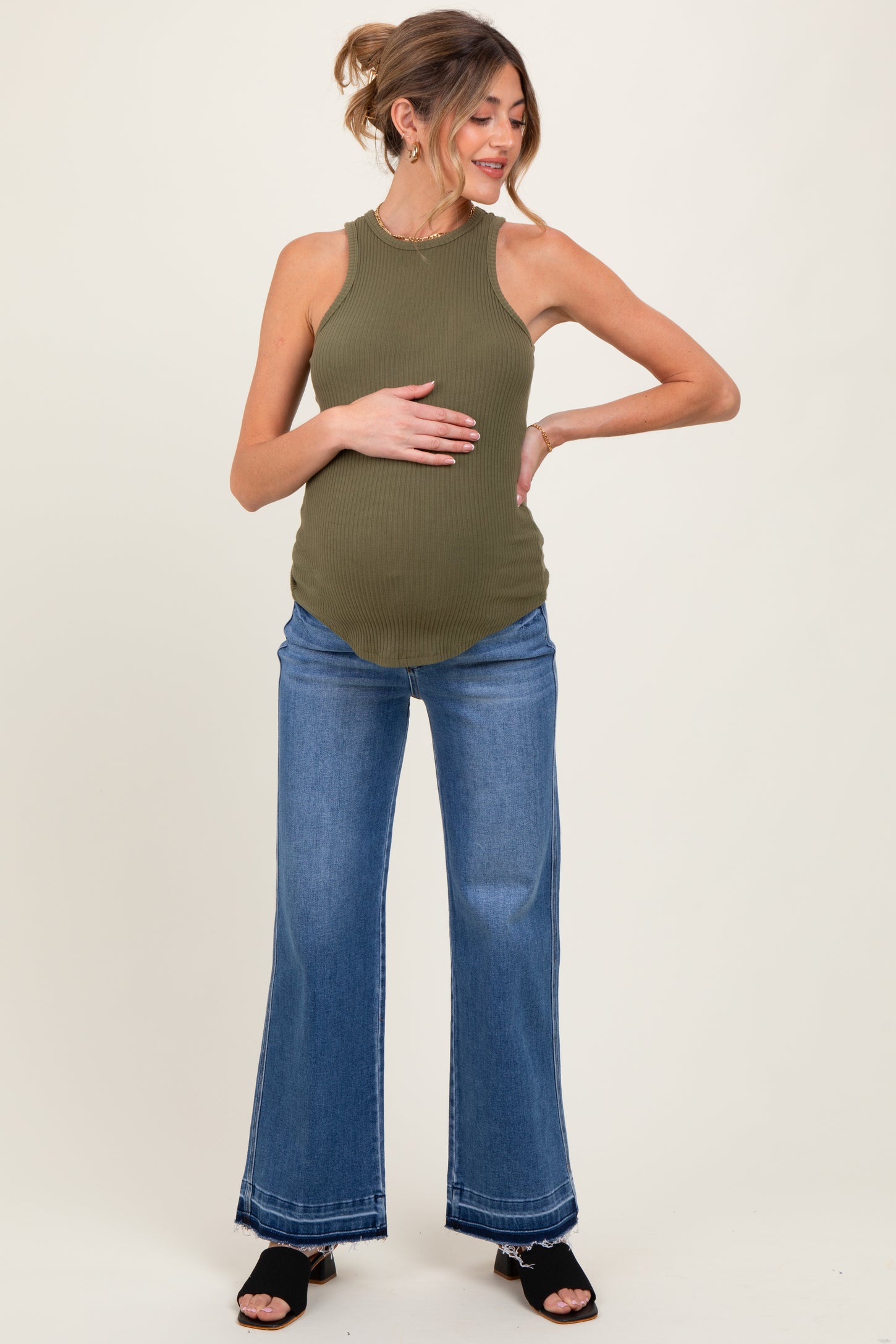 Blue Raw Hem Distressed Ankle Wide Leg Jeans