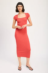 Coral Knit Square Neck Fitted Midi Dress