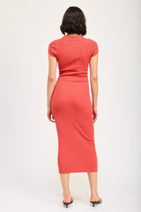 Coral Knit Square Neck Fitted Midi Dress