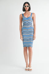 Blue Chevron Knit Fitted Midi Dress