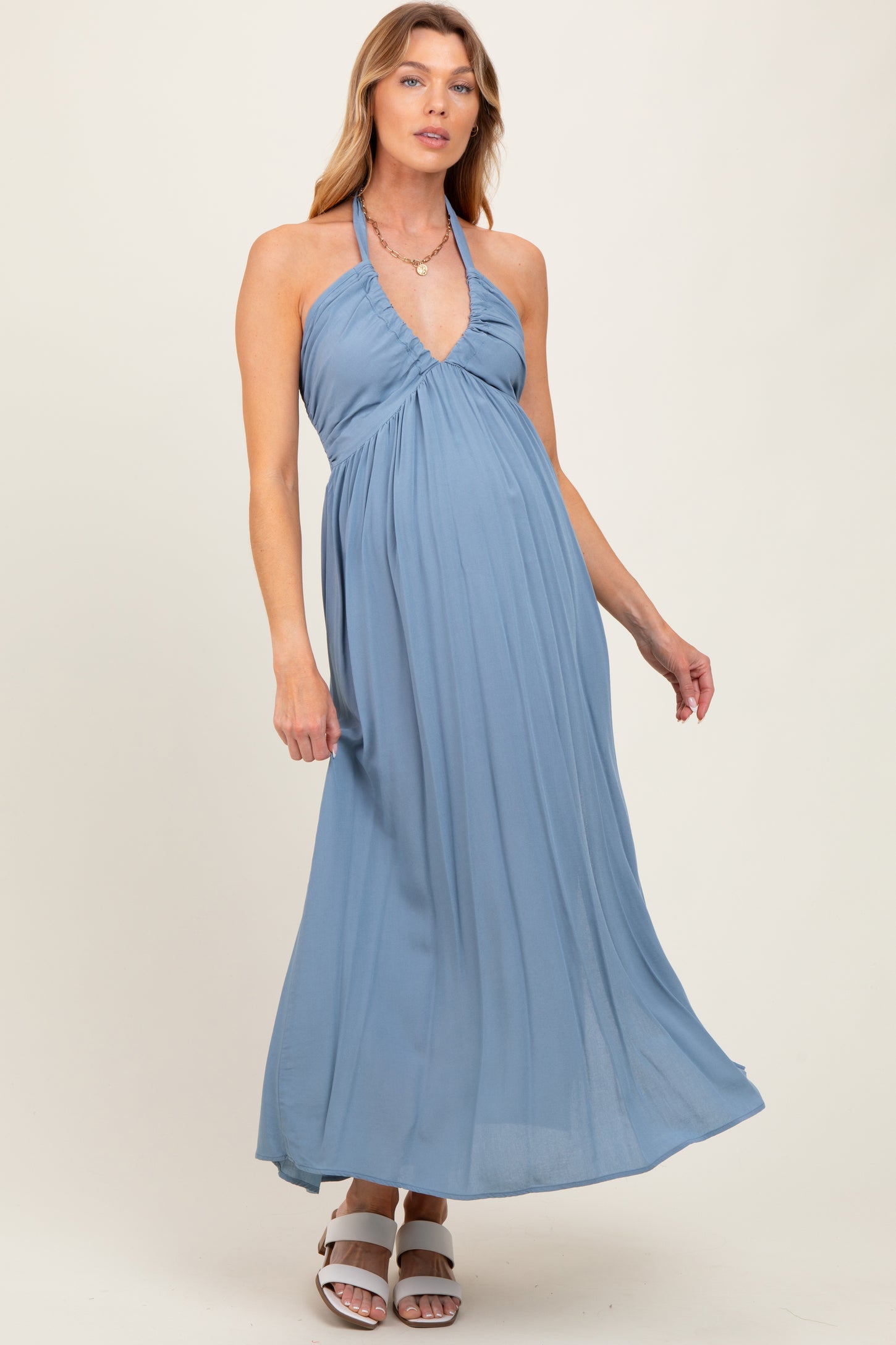 Blue Halter Neck Side Slit Maternity Midi Dress
