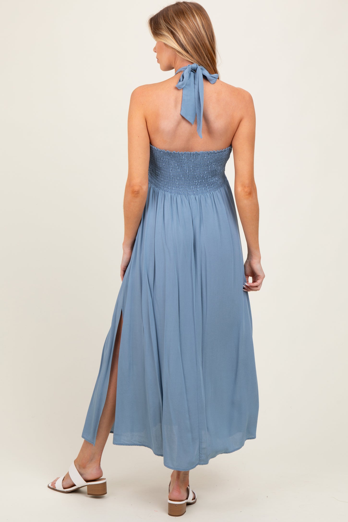 Blue Halter Neck Side Slit Maternity Midi Dress