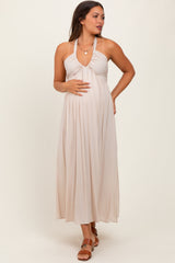 Cream Halter Neck Side Slit Maternity Midi Dress