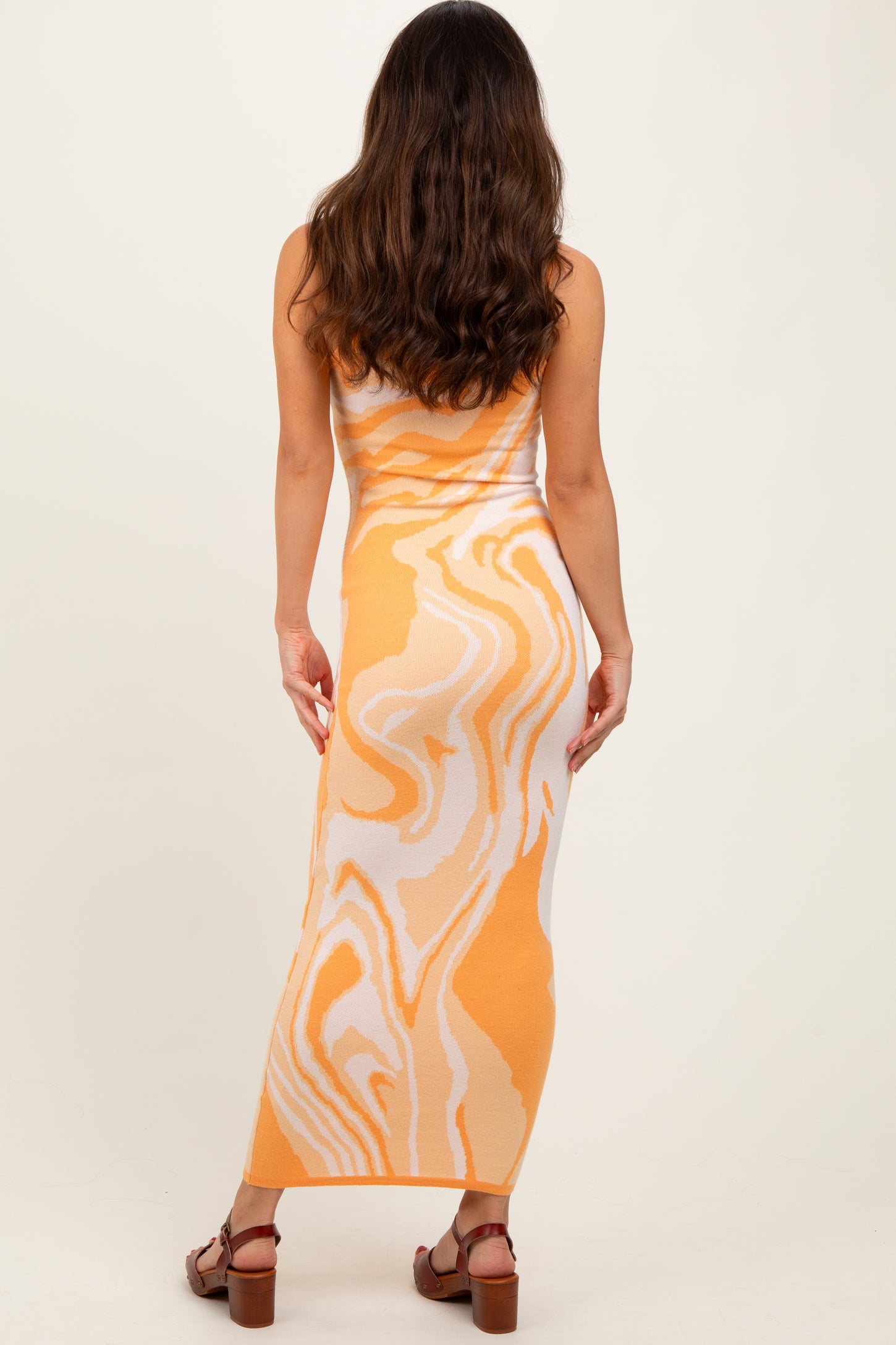 Yellow Abstract Print Knit Fitted Midi Dress