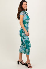 Green Floral Mesh Overlay Fitted Maxi Dress