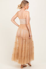 Beige Corset Tiered Tulle Maternity Photoshoot Dress