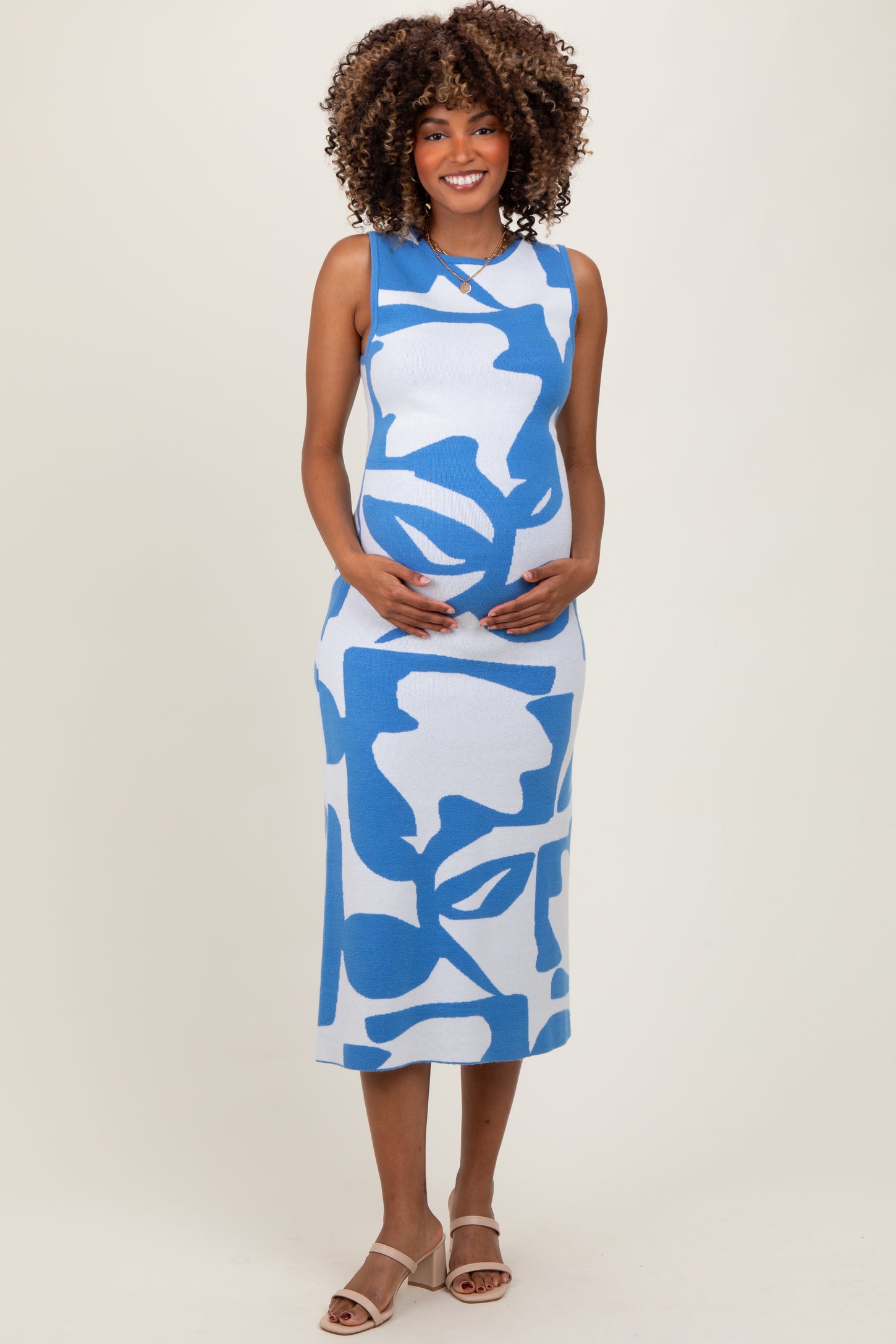 Blue Abstract Print Knit Sleeveless Maternity Midi Dress