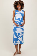 Blue Abstract Print Knit Sleeveless Maternity Midi Dress