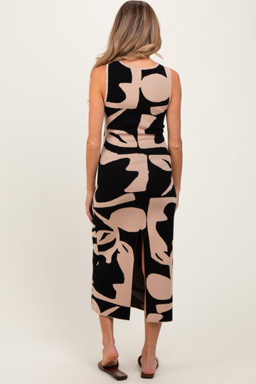 Black Abstract Print Knit Sleeveless Maternity Midi Dress