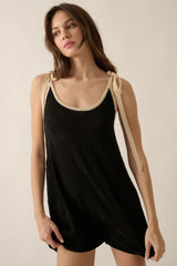 Black Floral Jacquard Knit Shoulder Tie Romper