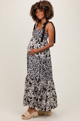 Black Leaf Print Smocked Shoulder Tie Tiered Maternity Maxi Dress