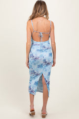 Light Blue Floral Ruched Low Tie Back Maternity Midi Dress