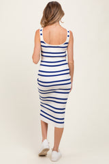 Navy Blue Striped Ribbed Knit Sleeveless Maternity Midi Dress