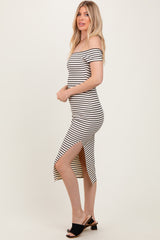 Black Striped Ribbed Off Shoulder Midi Dress