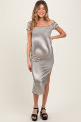 Black Striped Ribbed Off Shoulder Maternity Midi Dress