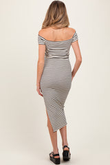 Black Striped Ribbed Off Shoulder Maternity Midi Dress